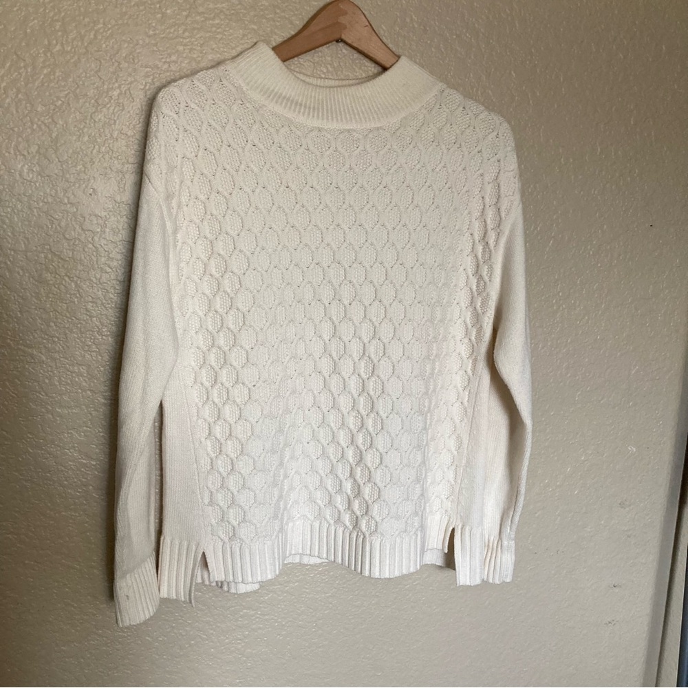 Talbots Casual Cream Cable Front High Low Cowl Neck Sweater Split Hem S Medium